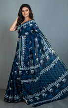 Indigo Block Printed Soft Mulmul Pure Cotton Saree in Dark Indigo Blue and Off White