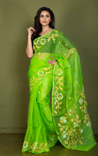 Handwoven Muslin Silk Jamdani Saree in Bright Green, Matt Yellow and Off White Thread Work