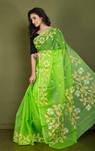 Handwoven Muslin Silk Jamdani Saree in Bright Green, Matt Yellow and Off White Thread Work