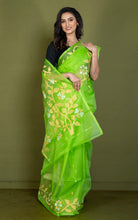 Handwoven Muslin Silk Jamdani Saree in Bright Green, Matt Yellow and Off White Thread Work