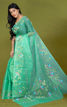 Silk Jamdani Saree in Sea foam Green and Multi Colored Thread Work