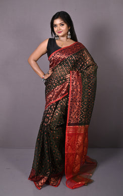 Soft Zari Brocade Dhakai Jamdani Saree in Black, Red and Copper
