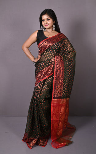 Soft Zari Brocade Dhakai Jamdani Saree in Black, Red and Copper