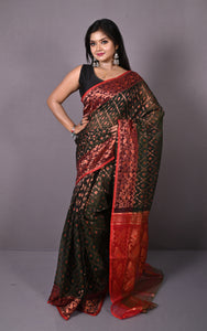 Soft Zari Brocade Dhakai Jamdani Saree in Black, Red and Copper