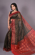 Soft Zari Brocade Dhakai Jamdani Saree in Black, Red and Copper