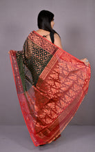 Soft Zari Brocade Dhakai Jamdani Saree in Black, Red and Copper