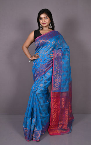 Soft Zari Brocade Dhakai Jamdani Saree in Blue, Hot Pink and Copper