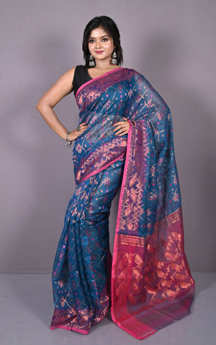 Soft Zari Brocade Dhakai Jamdani Saree in Cobalt Blue, Hot Pink and Golden