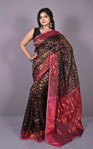 Soft Zari Brocade Dhakai Jamdani Saree in Black, Hot Pink and Copper