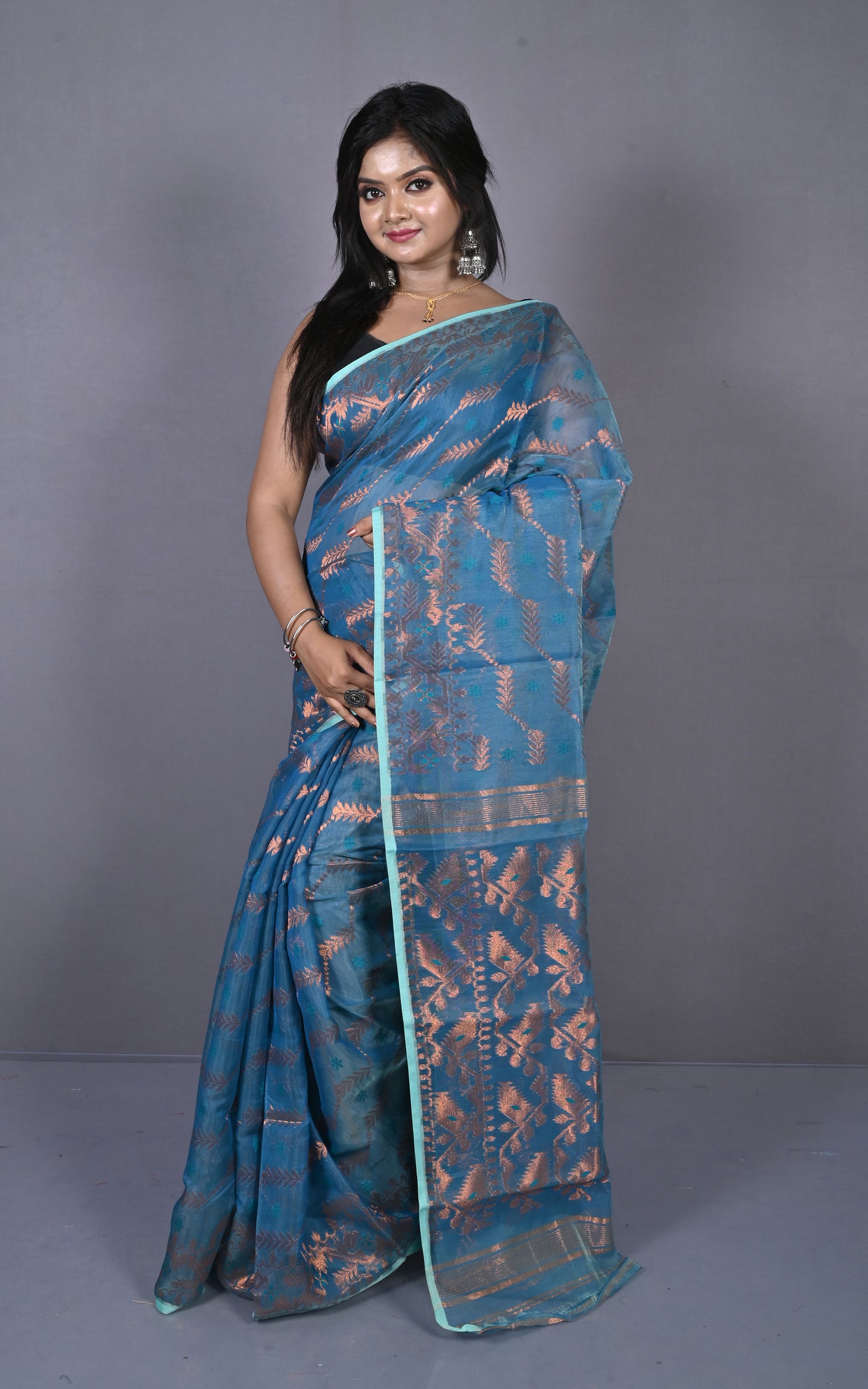 Soft Zari Brocade Dhakai Jamdani Saree in Green, Hot Pink and Golden