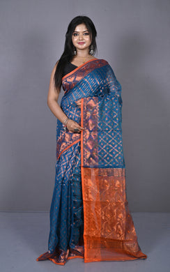 Soft Zari Brocade Dhakai Jamdani Saree in Egyptian Blue, Orange and Copper