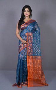 Soft Zari Brocade Dhakai Jamdani Saree in Egyptian Blue, Orange and Copper