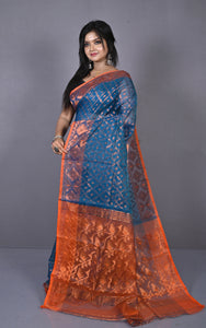 Soft Zari Brocade Dhakai Jamdani Saree in Egyptian Blue, Orange and Copper