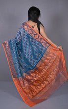 Soft Zari Brocade Dhakai Jamdani Saree in Egyptian Blue, Orange and Copper