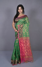 Soft Zari Brocade Dhakai Jamdani Saree in Green, Hot Pink and Golden