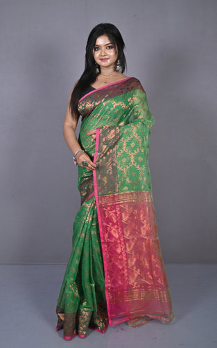 Soft Zari Brocade Dhakai Jamdani Saree in Green, Hot Pink and Golden