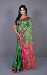Soft Zari Brocade Dhakai Jamdani Saree in Green, Hot Pink and Golden