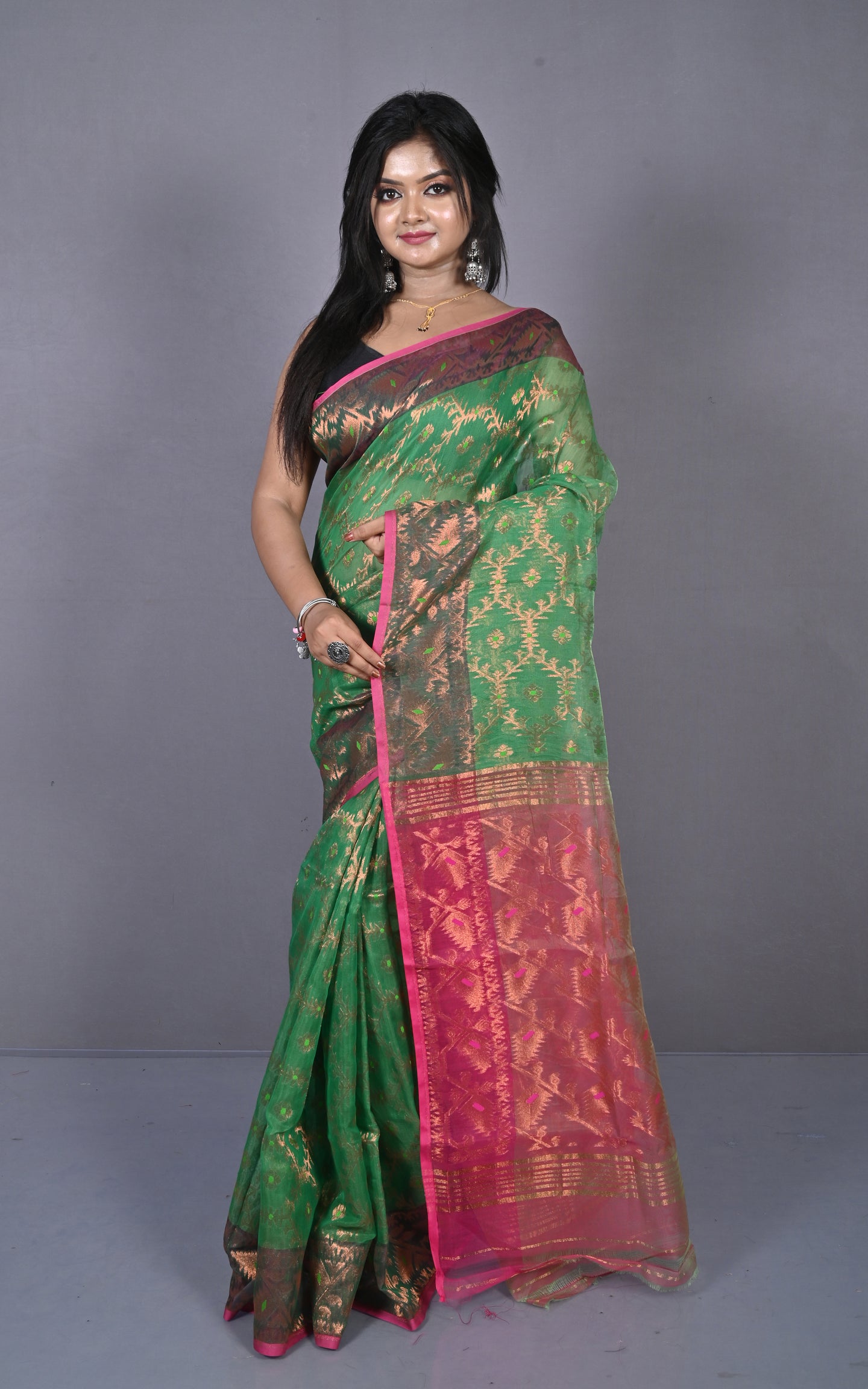 Soft Zari Brocade Dhakai Jamdani Saree in Green, Hot Pink and Golden