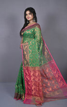 Soft Zari Brocade Dhakai Jamdani Saree in Green, Hot Pink and Golden
