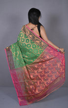 Soft Zari Brocade Dhakai Jamdani Saree in Green, Hot Pink and Golden