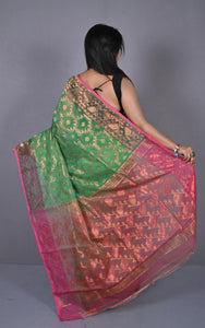 Soft Zari Brocade Dhakai Jamdani Saree in Green, Hot Pink and Golden