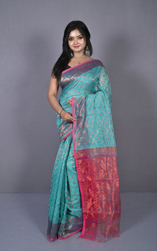 Soft Zari Brocade Dhakai Jamdani Saree in Turquoise Blue, Hot Pink and Copper