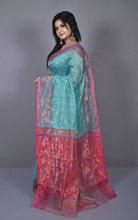 Soft Zari Brocade Dhakai Jamdani Saree in Turquoise Blue, Hot Pink and Copper