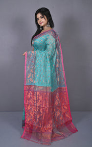 Soft Zari Brocade Dhakai Jamdani Saree in Turquoise Blue, Hot Pink and Copper