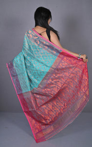 Soft Zari Brocade Dhakai Jamdani Saree in Turquoise Blue, Hot Pink and Copper