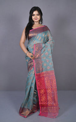 Soft Zari Brocade Dhakai Jamdani Saree in Light Grey, Hot Pink and Copper