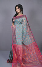 Soft Zari Brocade Dhakai Jamdani Saree in Light Grey, Hot Pink and Copper