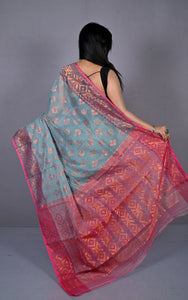 Soft Zari Brocade Dhakai Jamdani Saree in Light Grey, Hot Pink and Copper