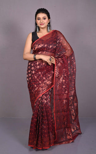 Soft Zari Brocade Dhakai Jamdani Saree in Dark Sienna, Red and Copper