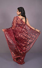 Soft Zari Brocade Dhakai Jamdani Saree in Dark Sienna, Red and Copper