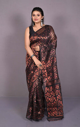 Soft Zari Brocade Dhakai Jamdani Saree in Black, Hot Pink and Copper