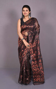 Soft Zari Brocade Dhakai Jamdani Saree in Black, Hot Pink and Copper