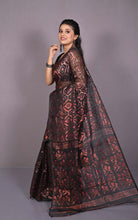 Soft Zari Brocade Dhakai Jamdani Saree in Black, Hot Pink and Copper