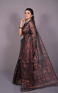 Soft Zari Brocade Dhakai Jamdani Saree in Black, Hot Pink and Copper