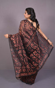 Soft Zari Brocade Dhakai Jamdani Saree in Black, Hot Pink and Copper