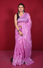 Soft Zari Brocade Dhakai Jamdani Saree in Light Fuchsia Pink and Silver