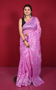 Soft Zari Brocade Dhakai Jamdani Saree in Light Fuchsia Pink and Silver