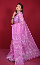 Soft Zari Brocade Dhakai Jamdani Saree in Light Fuchsia Pink and Silver