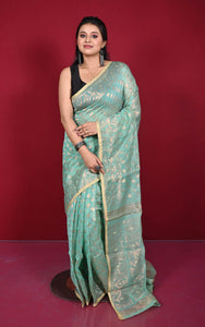 Soft Zari Brocade Dhakai Jamdani Saree in Summer Green, Desert Sand and Copper