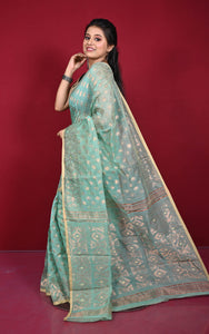 Soft Zari Brocade Dhakai Jamdani Saree in Summer Green, Desert Sand and Copper