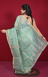 Soft Zari Brocade Dhakai Jamdani Saree in Summer Green, Desert Sand and Copper