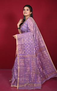 Soft Zari Brocade Dhakai Jamdani Saree in Dusty Lavender, Beige and Copper