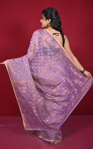Soft Zari Brocade Dhakai Jamdani Saree in Dusty Lavender, Beige and Copper