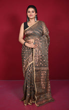 Soft Zari Brocade Dhakai Jamdani Saree in Taupe, Beige and Copper