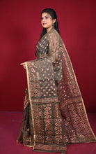 Soft Zari Brocade Dhakai Jamdani Saree in Taupe, Beige and Copper
