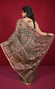 Soft Zari Brocade Dhakai Jamdani Saree in Taupe, Beige and Copper